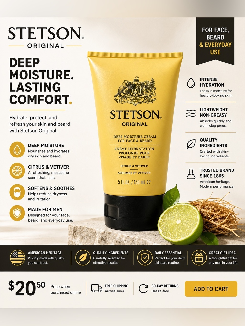 Stetson beard & face cream Original Yellow Tube Deep Moisture Cream